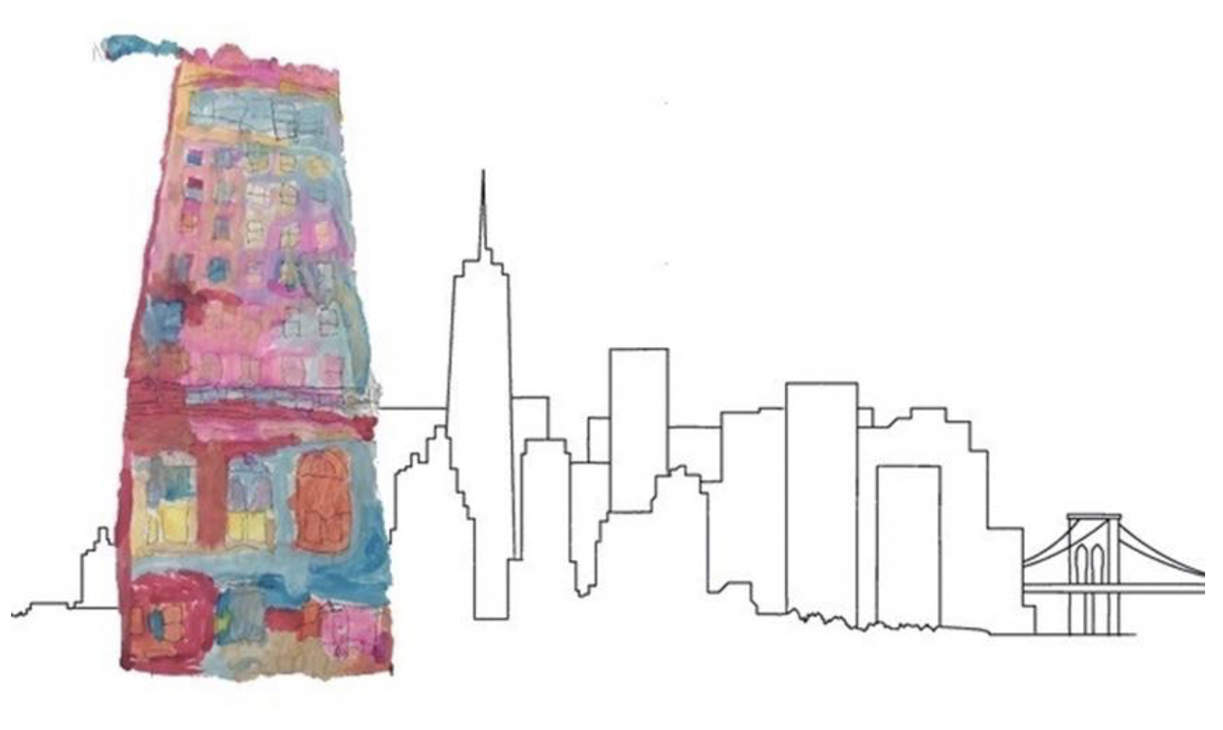 outline of New York City skyline with a child's drawing overlaid